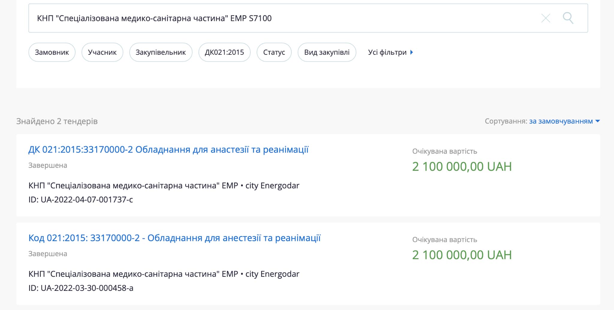 Скрін з системи Prozorro щодо закупівлі медичного обладнання для окупованого Енергодару