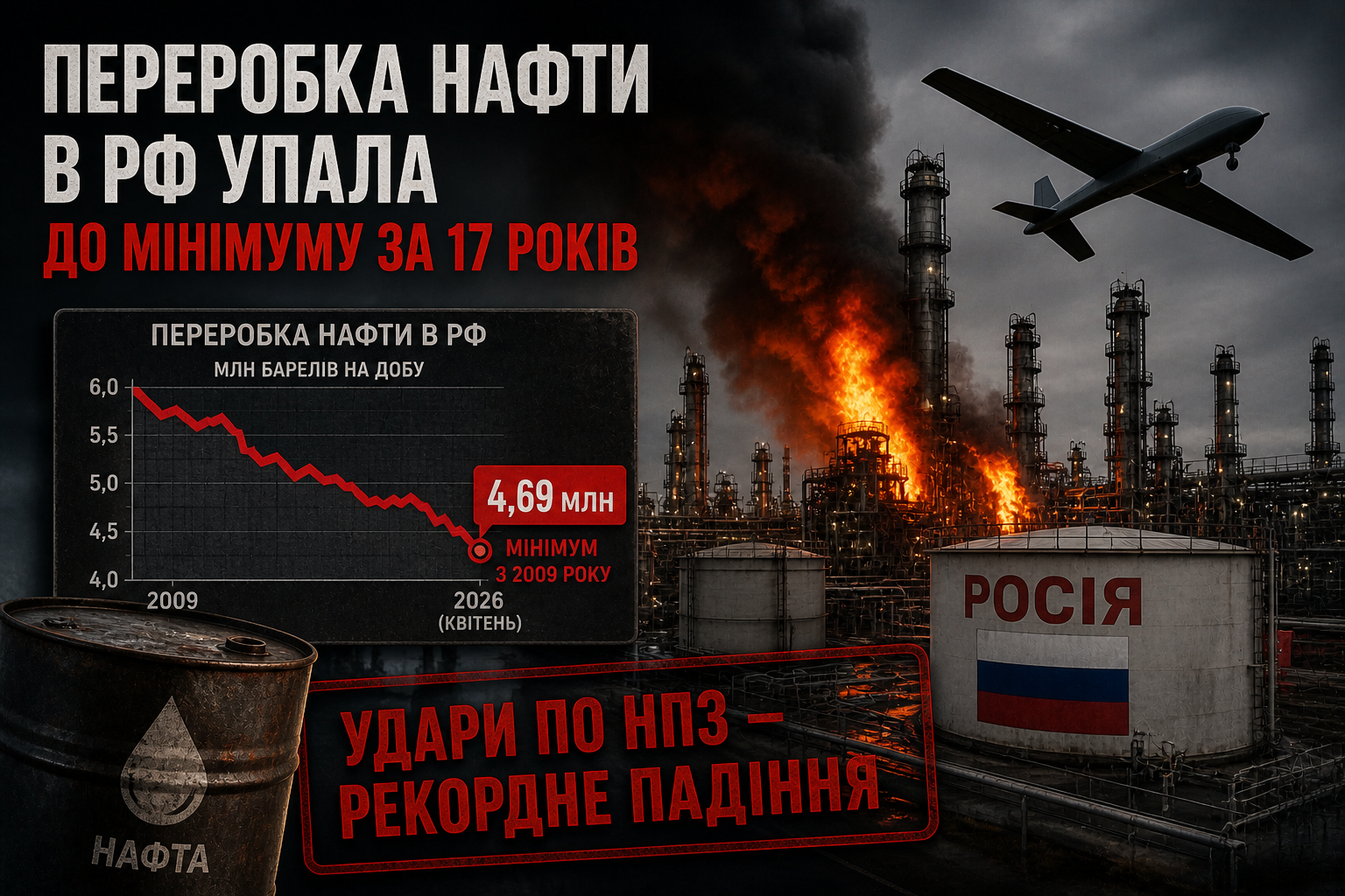Рекордне падіння: нафтопереробка в Росії обвалилася до мінімуму за 17 років після серії атак